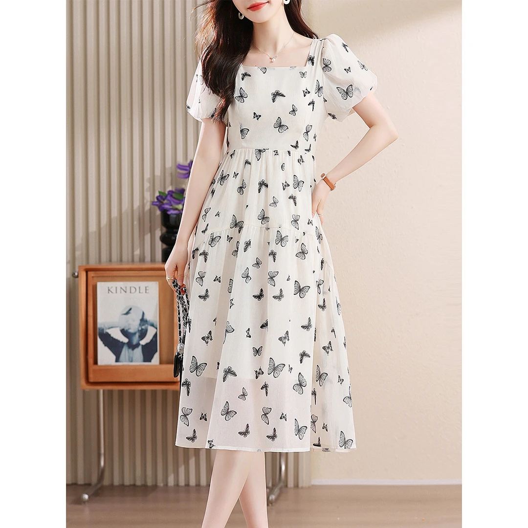 高级感真丝连衣裙夏季短袖洋气高腰显瘦法式方领蝴蝶碎花A字裙子