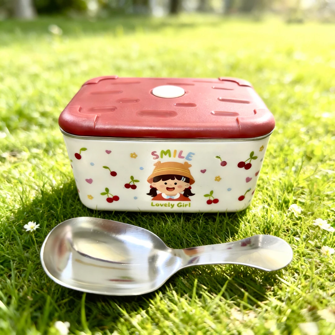 【今日送勺子】不锈钢可微波炉加热微笑樱桃女孩保鲜便当盒