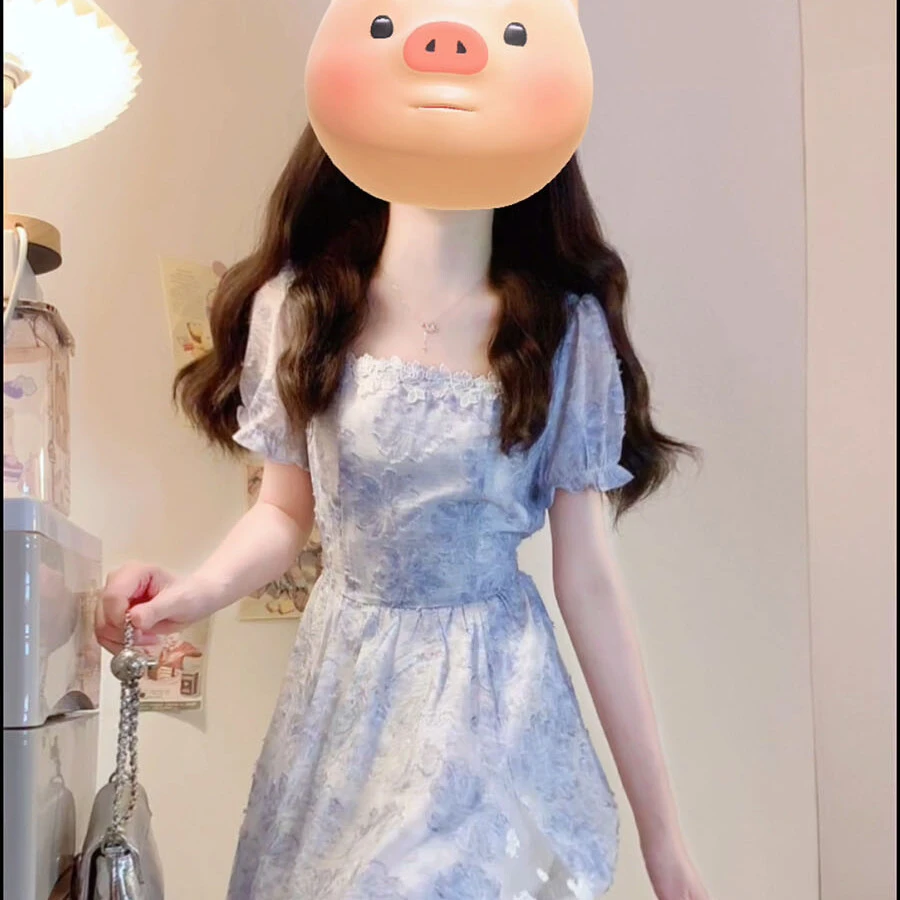 【风传花信】大码夏季新款法式甜美立体印花拼接A字摆连衣裙