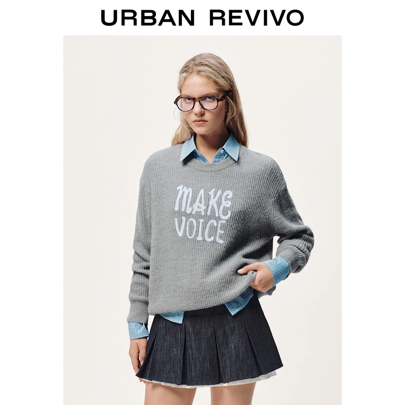 UR2025冬季新款女装休闲时尚撞色字母提花针织衫UYL950270