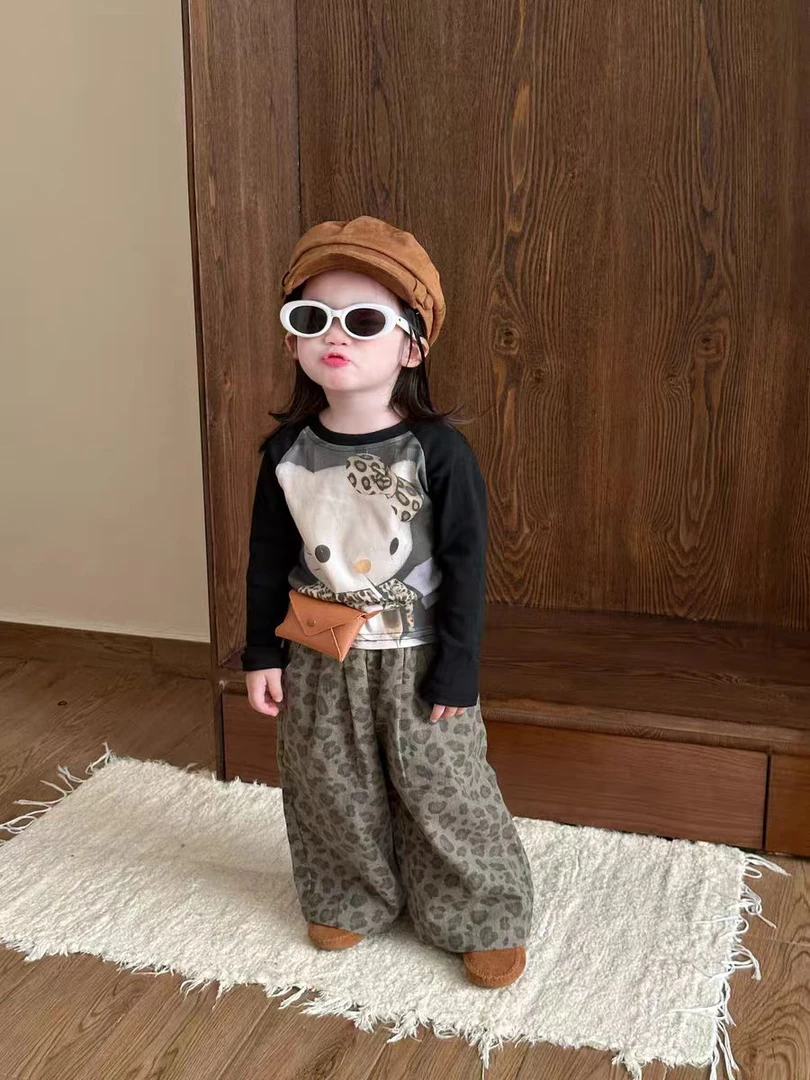 女童T恤套装秋季新款韩版宝宝洋气卡通长袖上衣儿童豹纹休闲裤潮