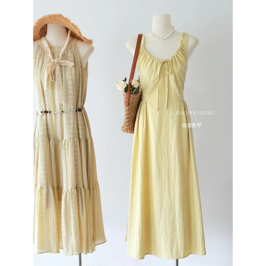 法式压褶显瘦无袖多巴胺减龄度假风海边沙滩吊带长裙女3147# ss