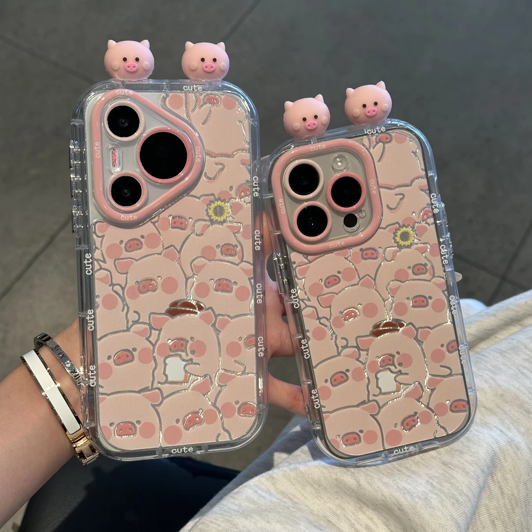 夕与空立体小猪适用苹果16promax泡芙羽纱手机壳华为P70vivo小米1