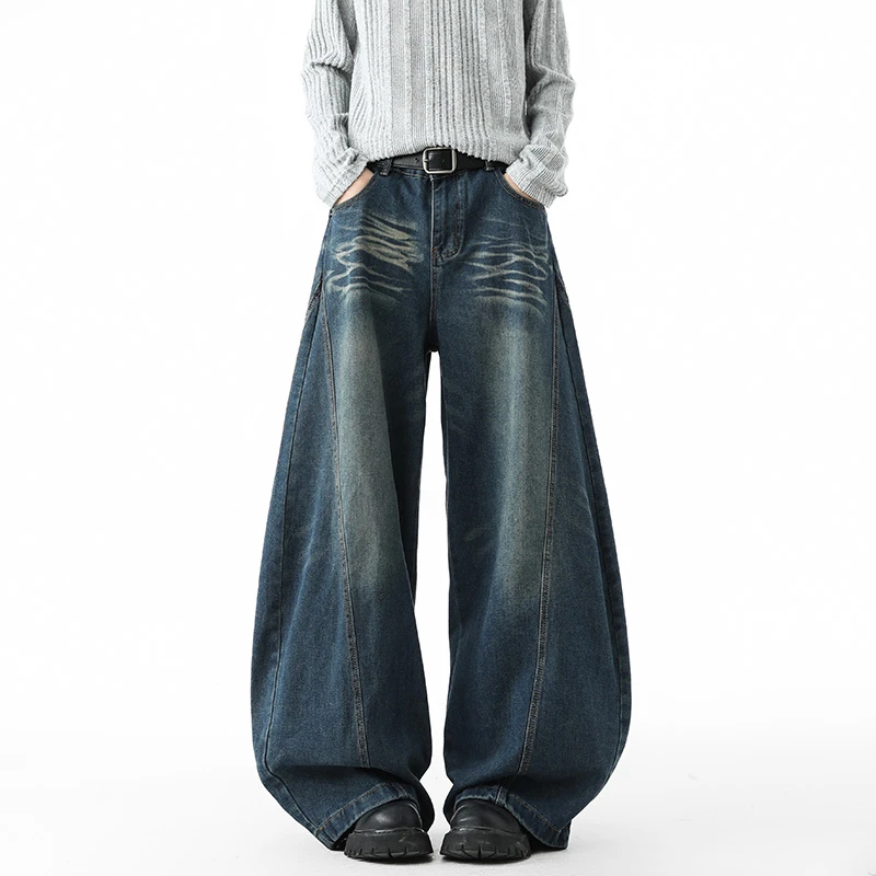 美式复古猫须水洗弯刀牛仔裤男女cleanfit宽松百搭休闲阔腿拖地裤