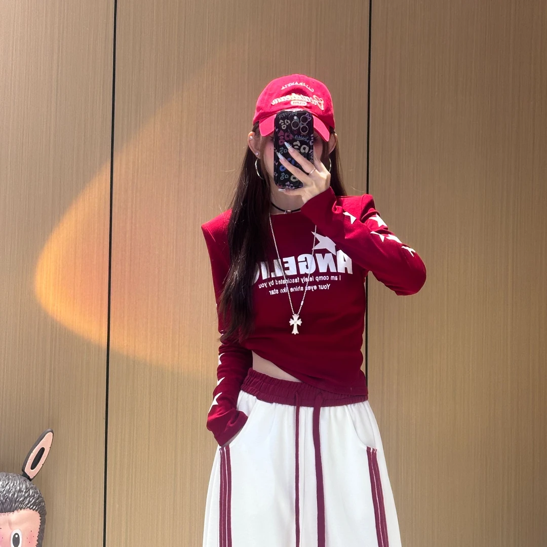 XX18351 美式复古盐系星星印花长袖T恤女圆领超好看修身百搭上衣