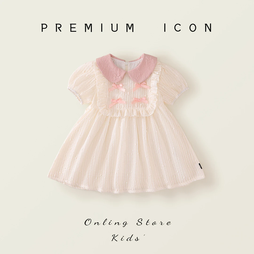 女童翻领蝴蝶结连衣裙2025夏季新款儿童粉色甜美风公主裙