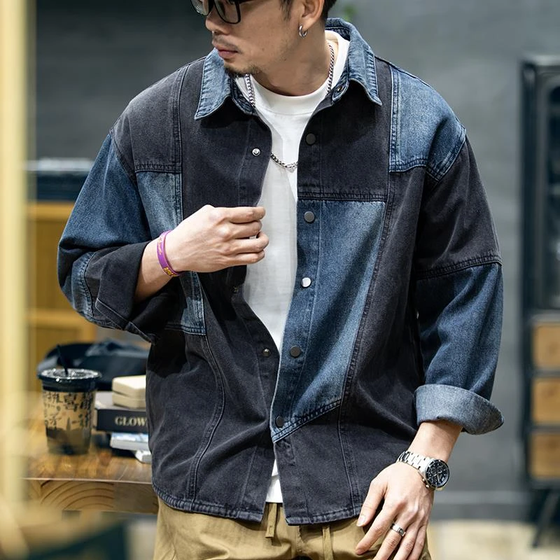 杜拉妮美式拼接长袖牛仔衬衫秋季复古大码衬衣男宽松休闲潮流外套