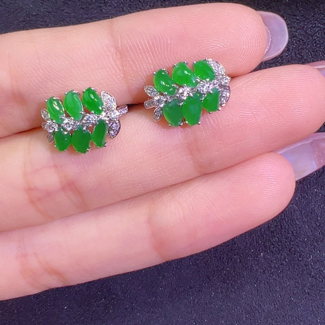 翡翠18K金镶嵌耳饰叶子