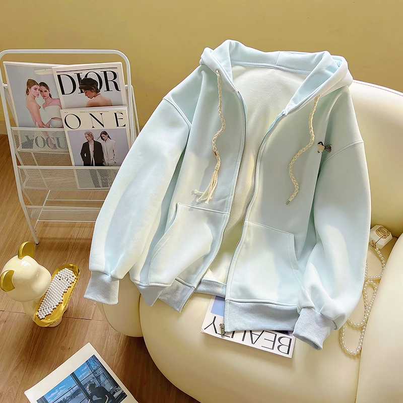 奶蓝色显白拉链开衫女秋冬2026新款趣味卡通加绒加厚卫衣显瘦外套