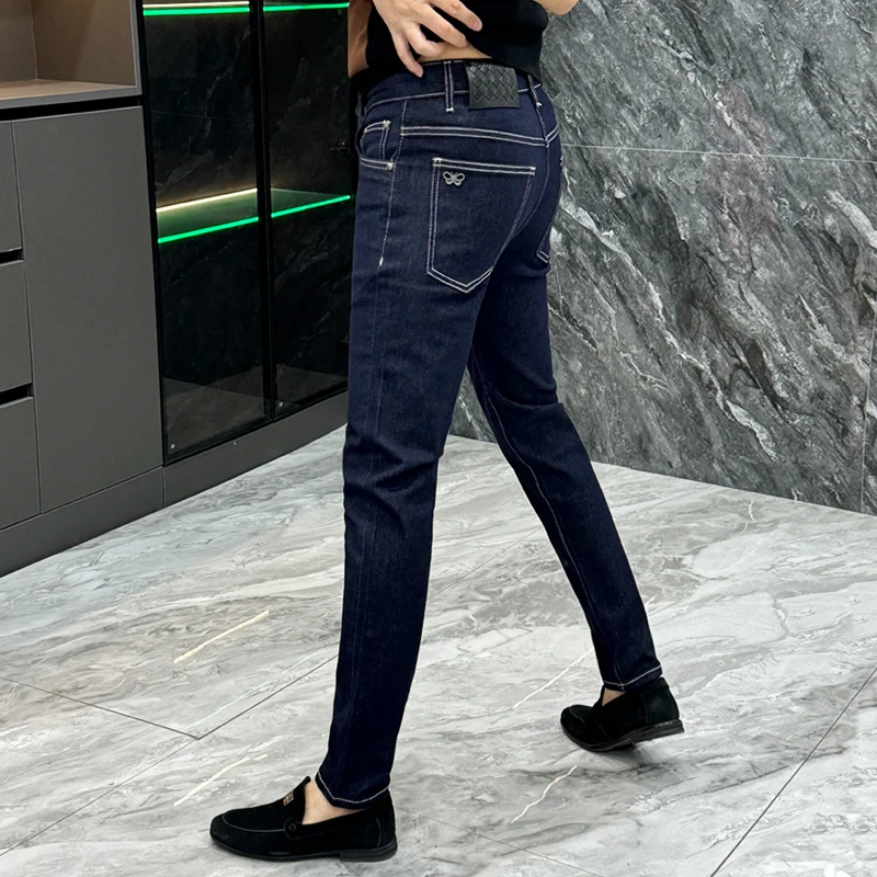 欧货高品质蓝色牛仔裤男士春秋季百搭休闲直筒裤净版明线修身男裤