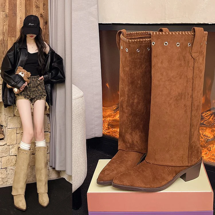 棕色美拉德绒面高跟尖头长筒骑士靴女靴子2025秋冬季西部瘦瘦长靴