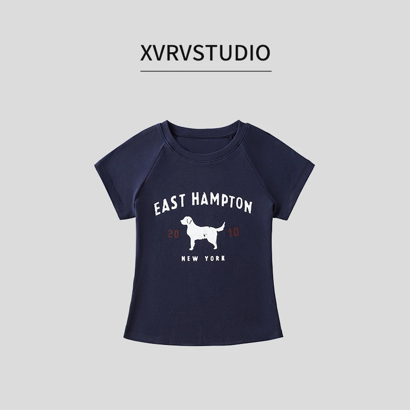 XVRV美式复古休闲小狗印花运动短袖2025夏季新品女透气圆领T恤