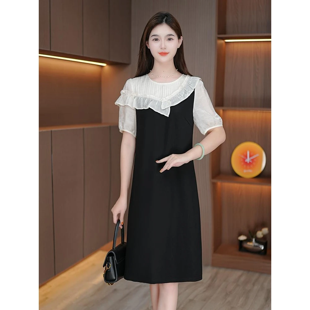 夏季新款连衣裙花边设计感拼色显瘦遮肚子小黑裙中长裙气质裙子女