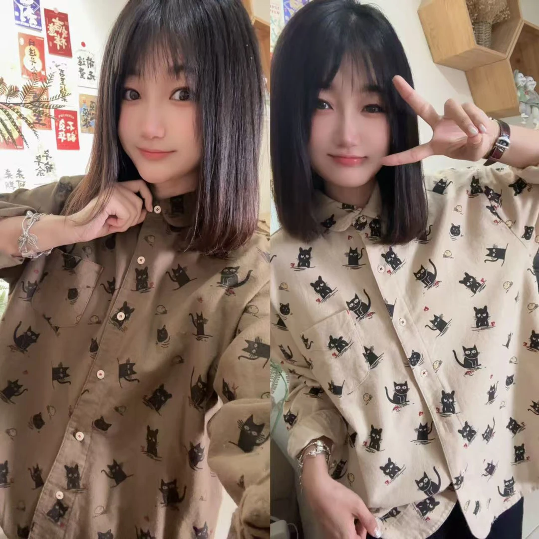 【波斯猫】早秋新款 时尚洋气百搭宽松休闲减龄磨毛卡通小猫咪衬衣