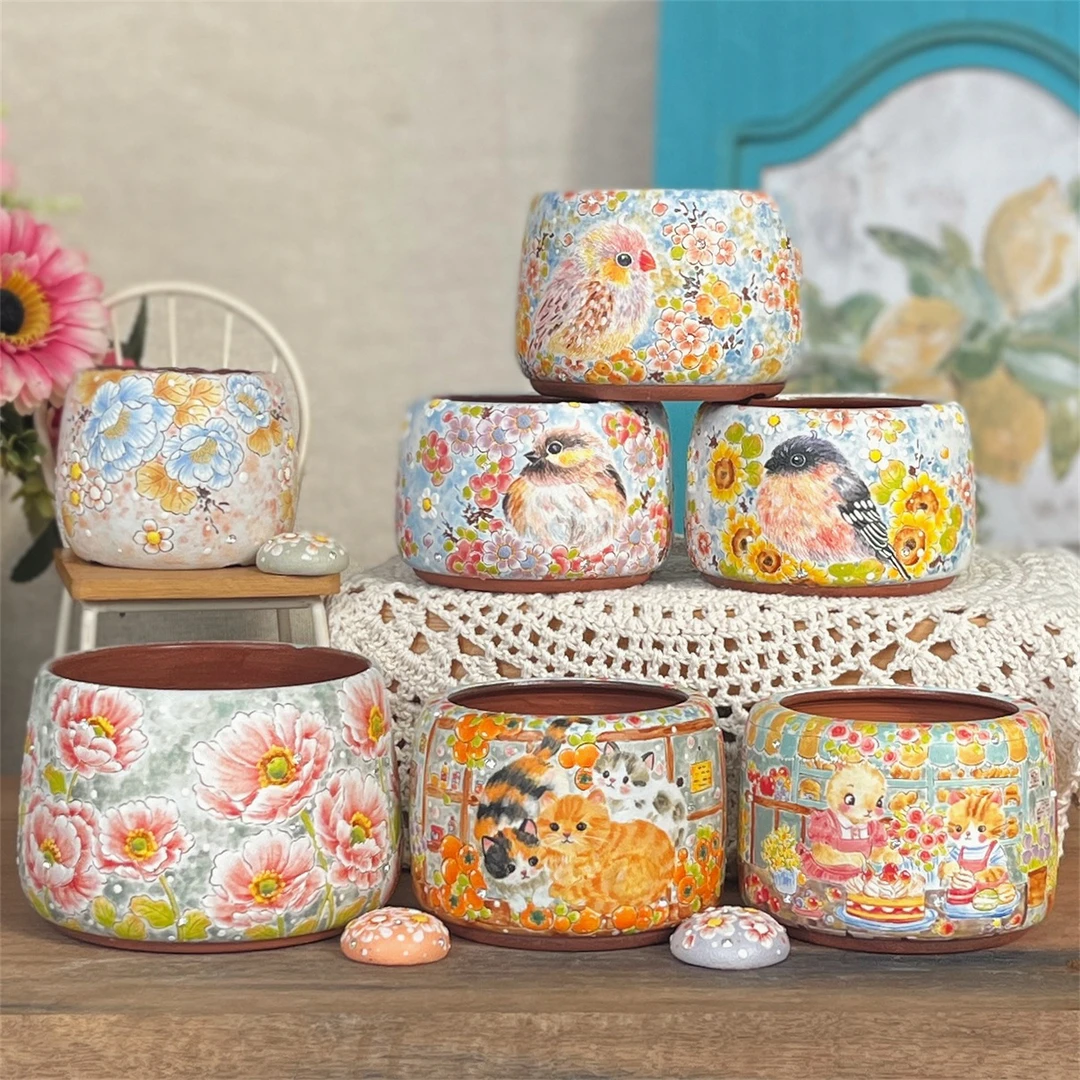 优格花器新款TD糖豆手绘创意刻画花鸟镶钻釉烧多肉盆紫砂透气包邮