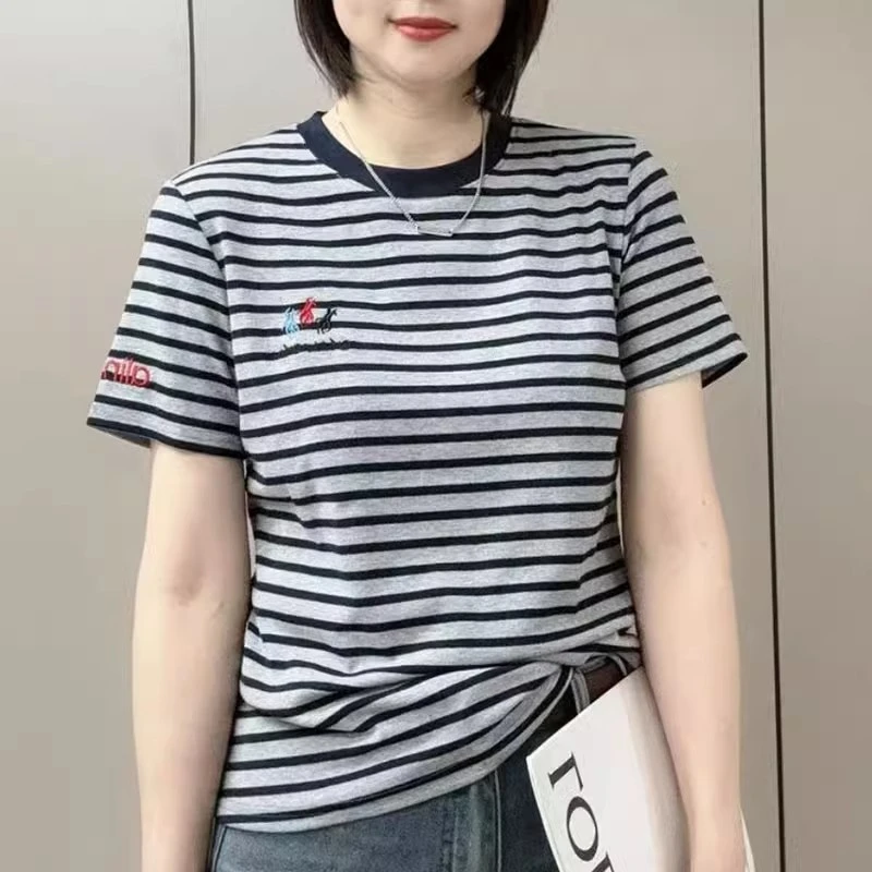撞色条纹短袖T恤女2025春季新款小众刺绣时尚圆领休闲百搭上衣潮