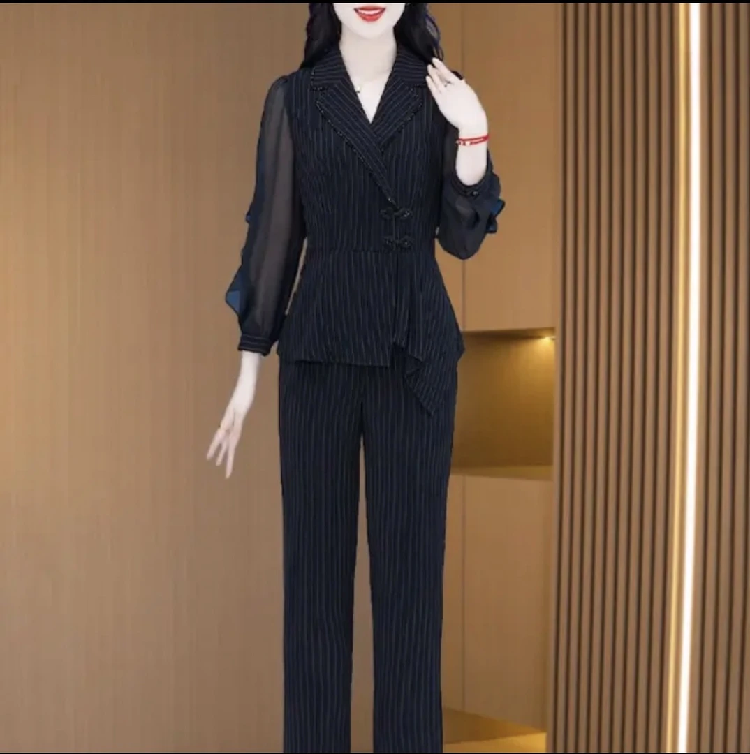 【上衣+裤子】优雅气质时尚条纹大气休闲收腰显瘦减龄洋气长袖套裤