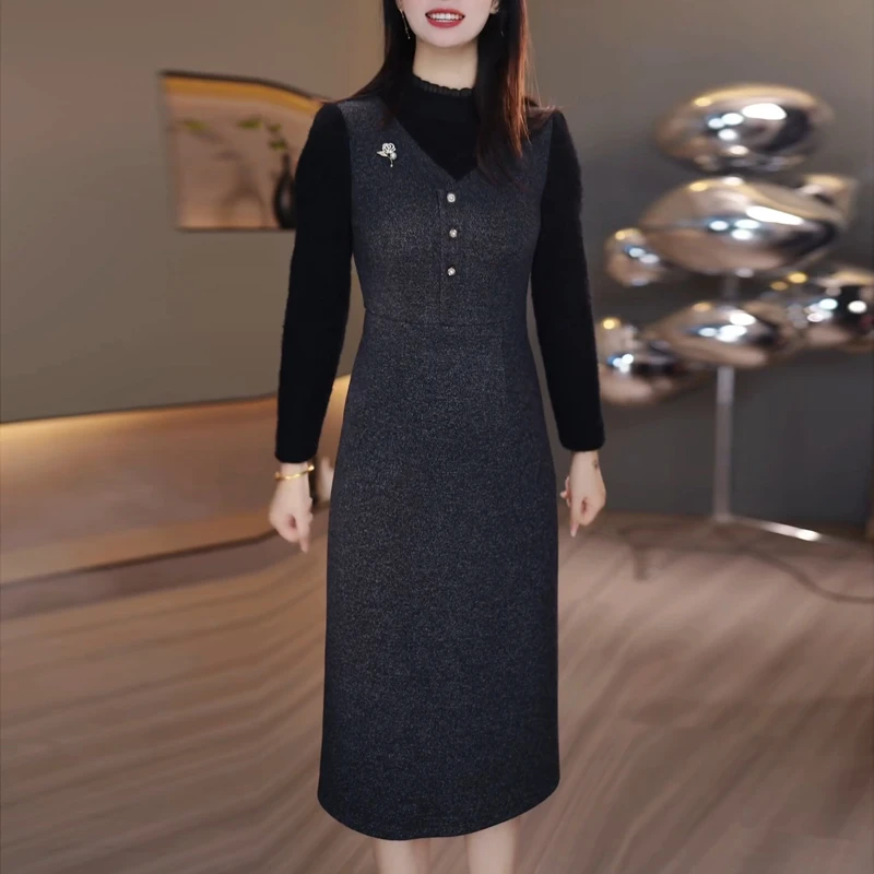 高端时尚轻奢假俩件连衣裙2025秋冬季新款气质百搭减龄中长款裙子