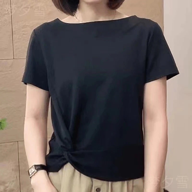 透气针织圆领女士常规款短袖T恤云朵t恤女黑色开叉