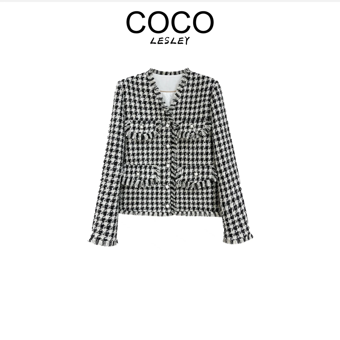 COCO LESLEY/春季新款格子撞色流苏显瘦小香风外套28961