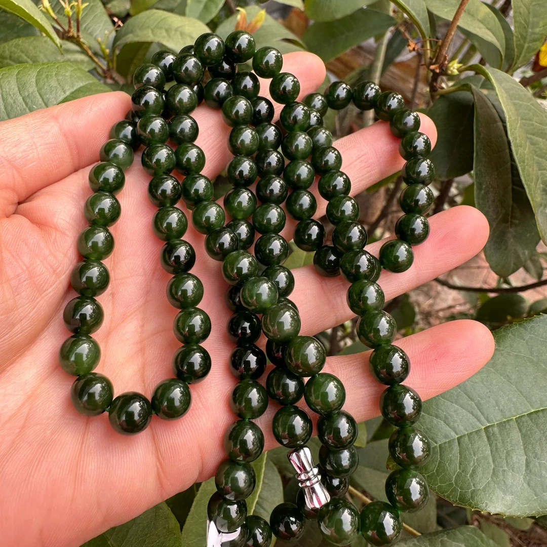 七号矿老坑料带皮色菠菜绿108项链卡8和田玉