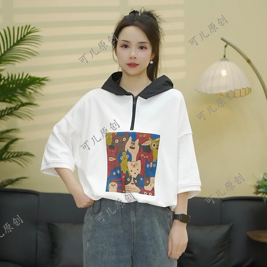 2025春夏时尚百搭设计大身全面帽子梭织棉女士短袖连帽薄款卫衣