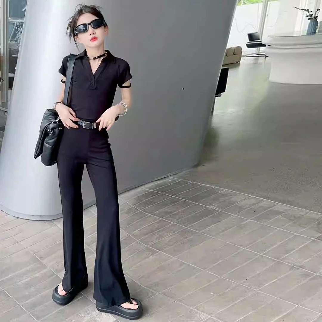 女童套装2025夏季新款大童显瘦修身微喇拖地长裤polo领休闲两件套