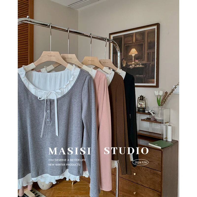 【宠粉回馈】马西西大码女装胖mm蝴蝶结磨毛打底衫假两件长袖上衣