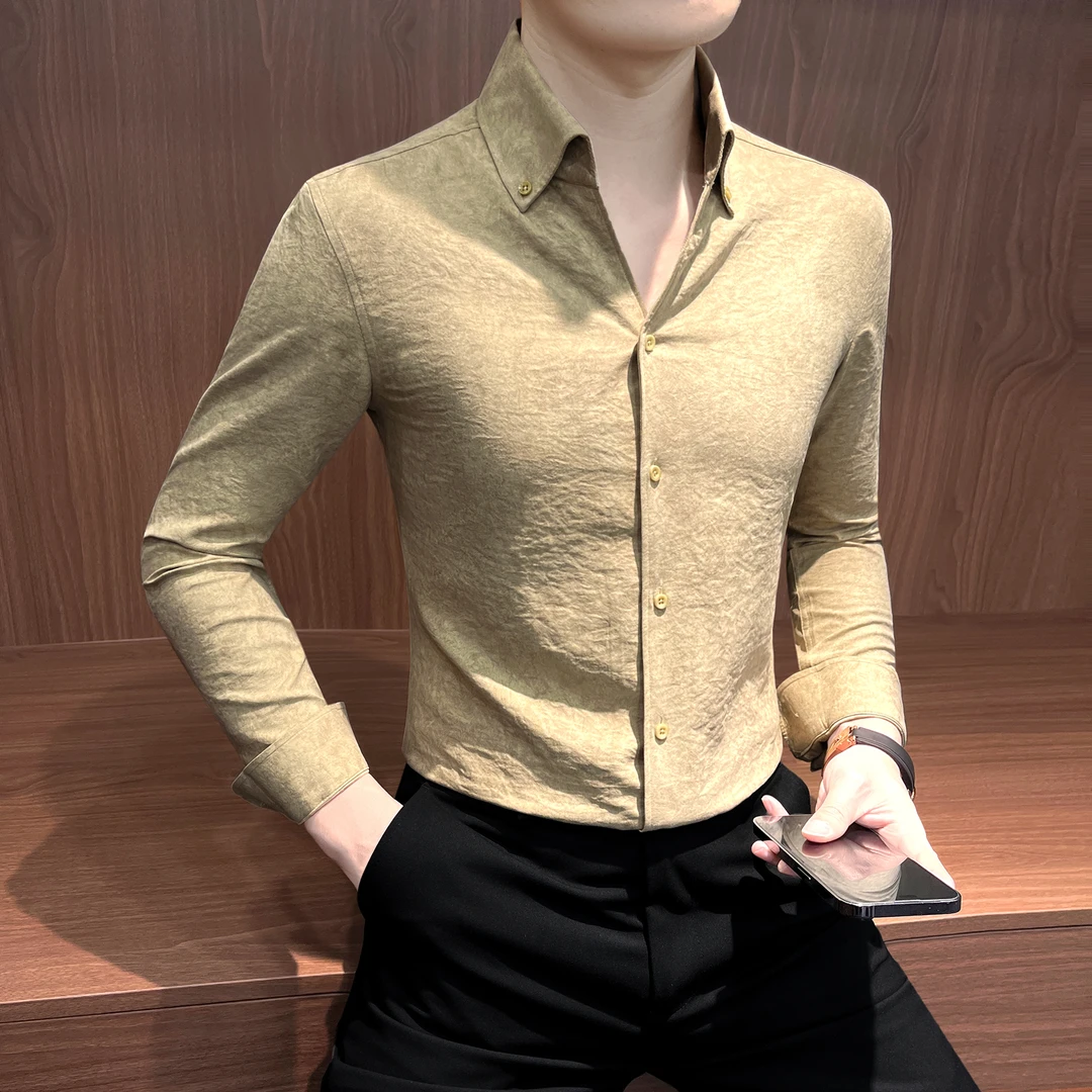 法式V领衬衫男款长袖秋季网红洋气炸街男装潮流褶皱男士休闲衬衣