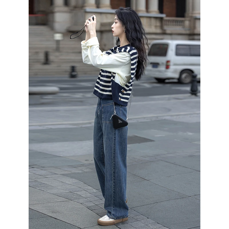 2025春季新款韩系穿搭高级感叠穿条纹马甲打底衫高腰牛仔裤三件套