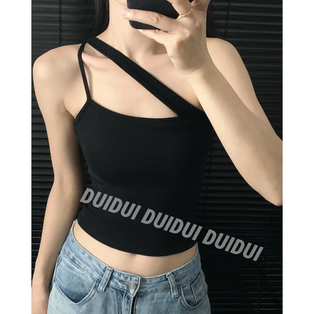 DUIDUI夏季新款黑色不规则设计感露肩套头内搭美背打底背心带胸垫