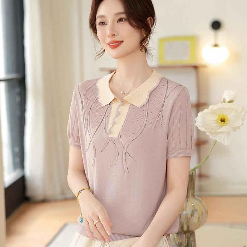 雅鹿洋气妈妈夏装仿桑蚕丝针织短袖上衣中老年女装翻领博冰丝恤衫