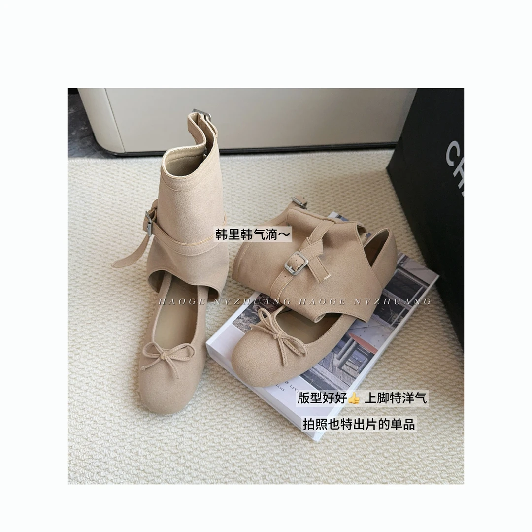 美拉德风靴子女2025新款夏季薄款蝴蝶结棕色芭蕾舞气质中筒凉短靴