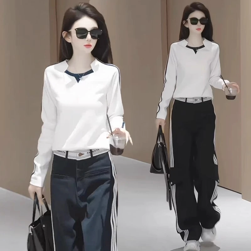 时尚套装女2025春季新款时髦洋气长袖T恤工装阔腿裤气质两件套潮