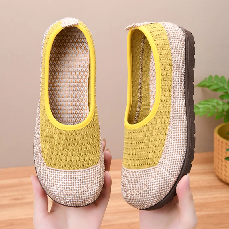 秋季新款飞织一脚蹬妈妈鞋轻便透气防滑耐磨编织工艺软底平底女鞋