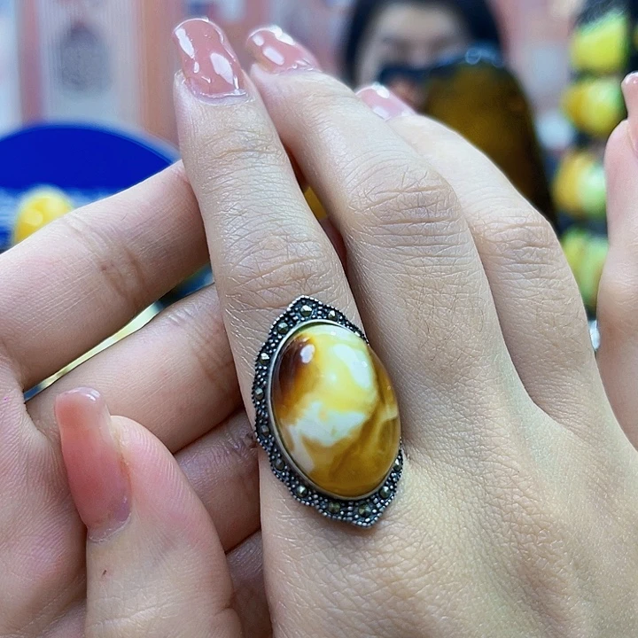 琥珀银S925镶嵌颈饰戒指