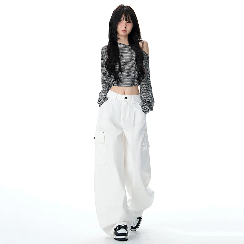 【旗鼠】设计感美式复古辣妹弯刀裤百搭显瘦多口袋阔腿工装休闲裤