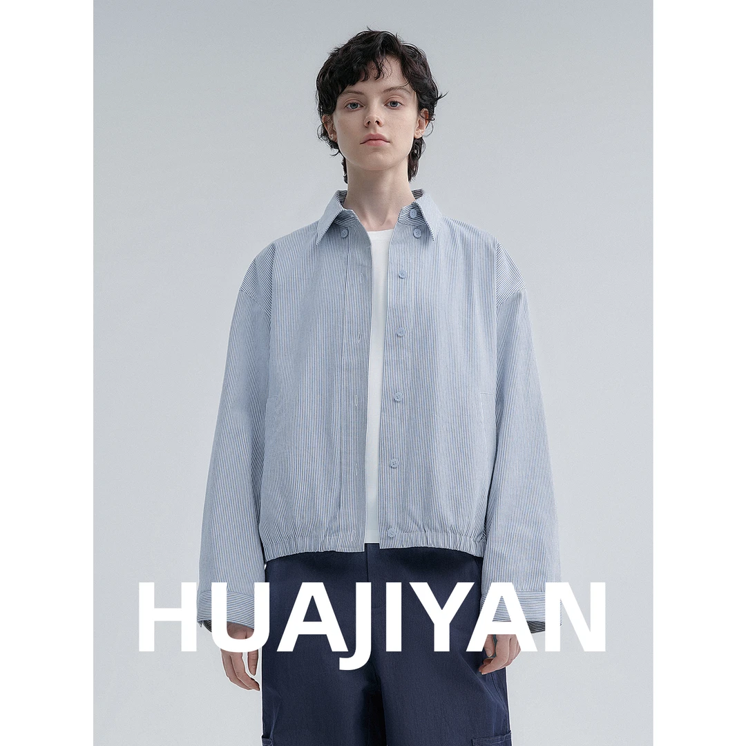 华吉言/HUAJIYAN【海幕】全棉蓝白条纹后分割设计抽绳衬衫外套
