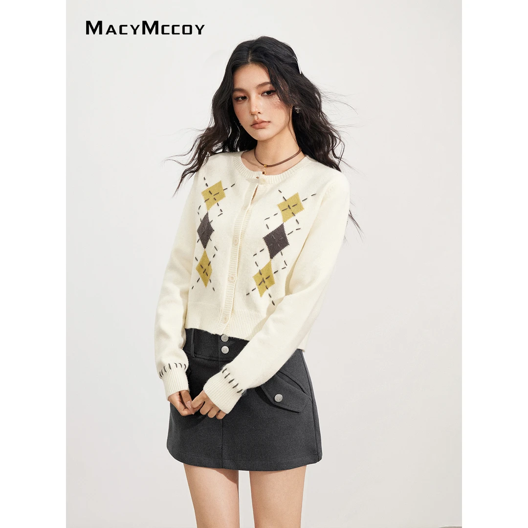 MacyMccoy手工穿线菱格毛衣女秋冬设计感复古时髦单穿/叠穿上衣