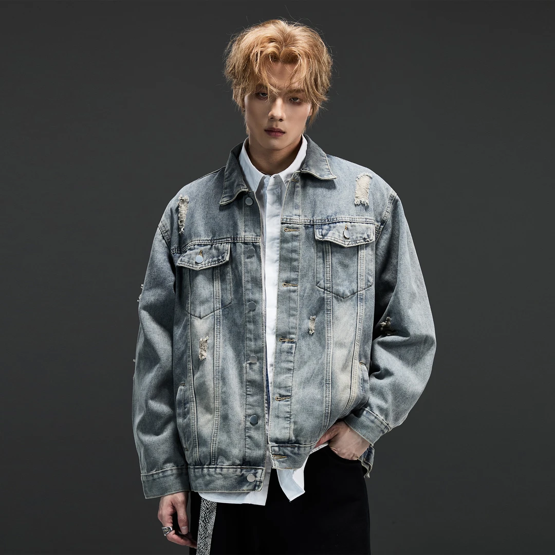 美式高街破洞牛仔外套男痞帅秋季宽松百搭潮牌复古水洗做旧夹克