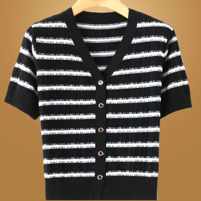 小众设计感条纹拼接针织短袖女2025夏季新款薄款小香风开衫上衣女