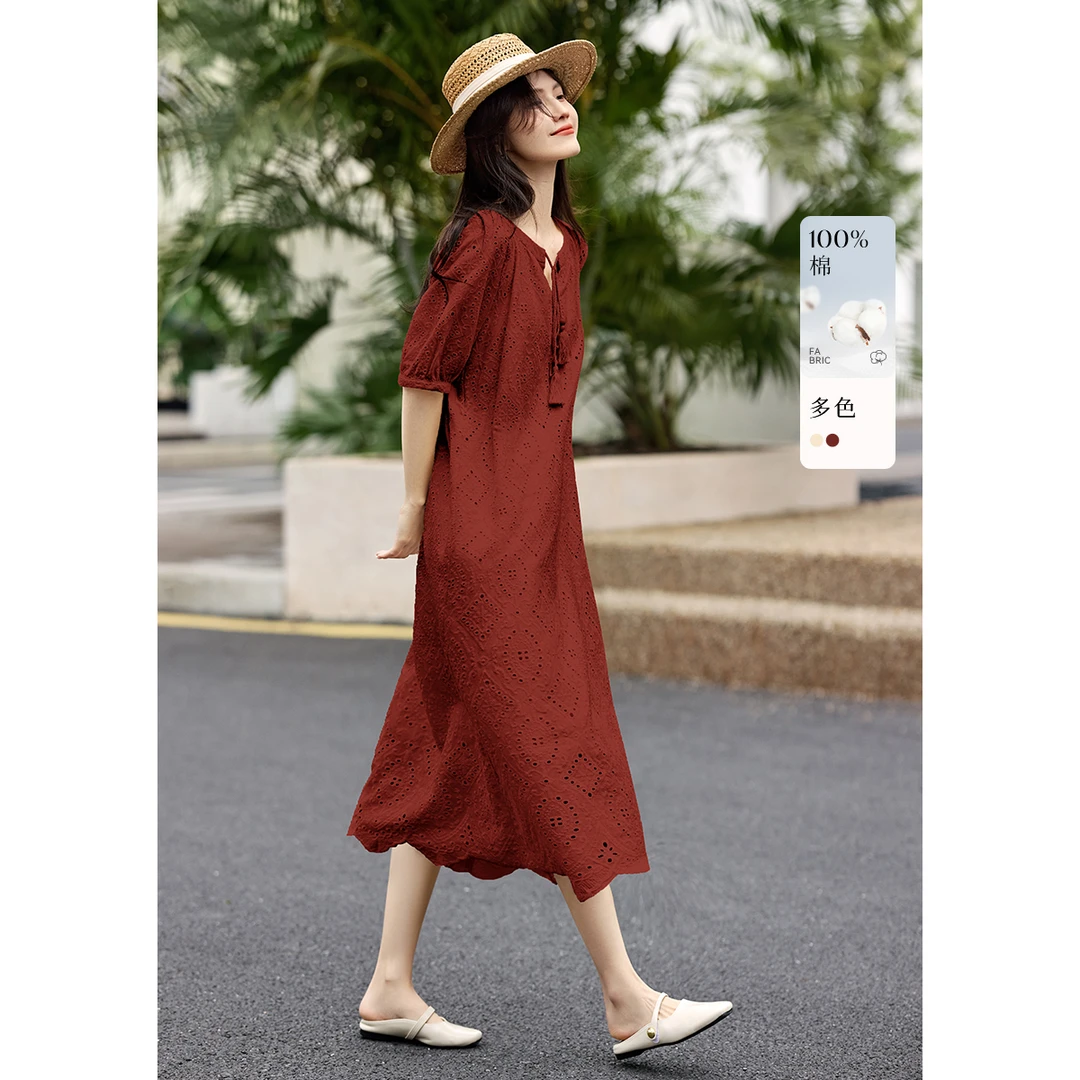 XWI/欣未纯棉法式镂空刺绣连衣裙2025春夏优雅气质收腰洋气女裙