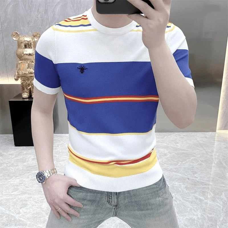 欧货2025高品质短袖T恤男针织冰丝时尚休闲百搭半袖上衣条纹痞帅t