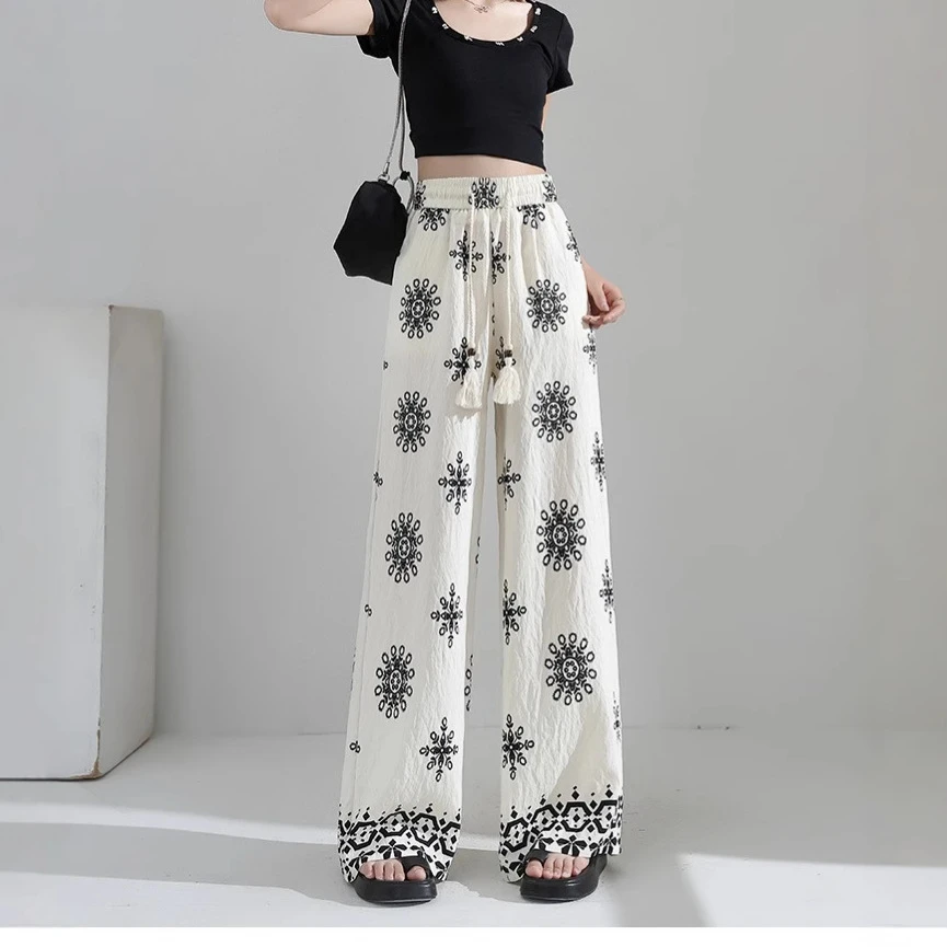 民族风设计感印花抽绳休闲裤2025夏季新款高腰垂感阔腿裤