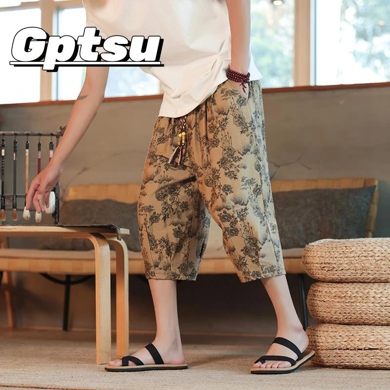GPTSu亚麻七分裤男裤子夏季宽松短裤潮流休闲裤印花棉麻沙滩中裤