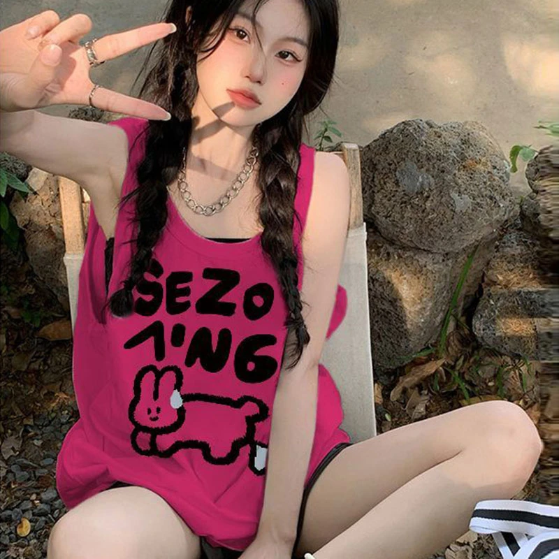 美式复古创意印花玫红色纯棉坎肩背心T恤女外穿夏季宽松运动上衣