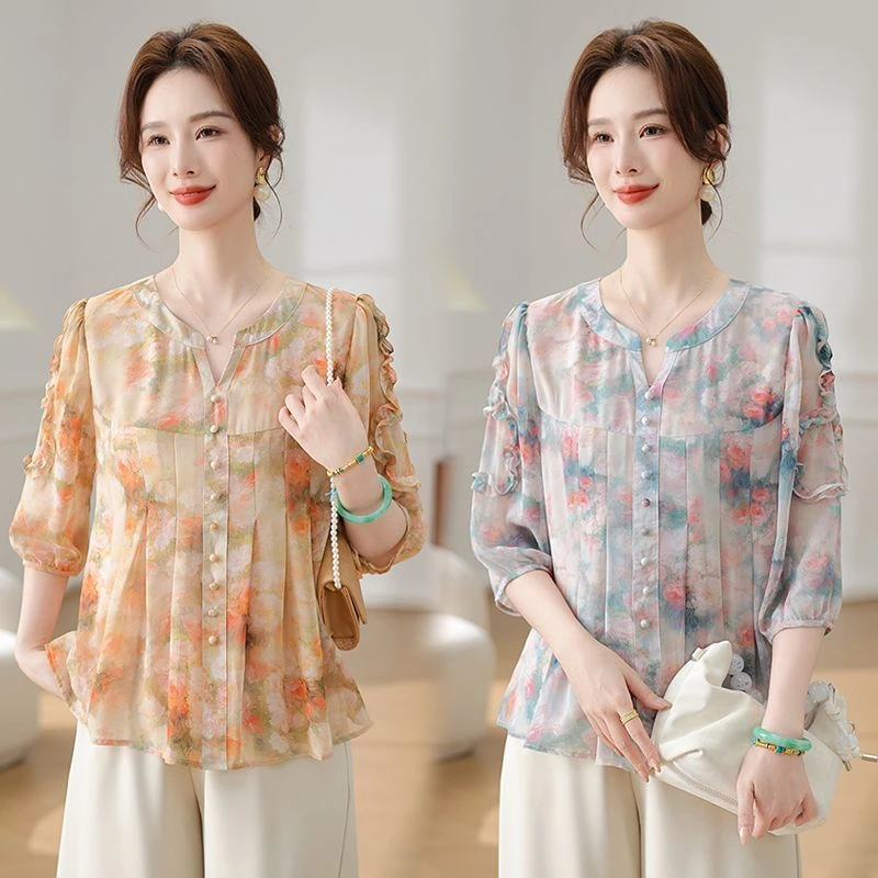 夏季雪纺小衫T恤薄款百搭外穿中年女士4050岁妈妈装衣服夏款衬衣
