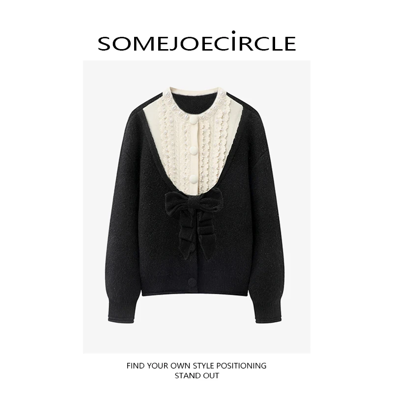 SOMEJOECIRCLE【外套】25冬新款深色拼接蝴蝶结装饰针织外套女E7858