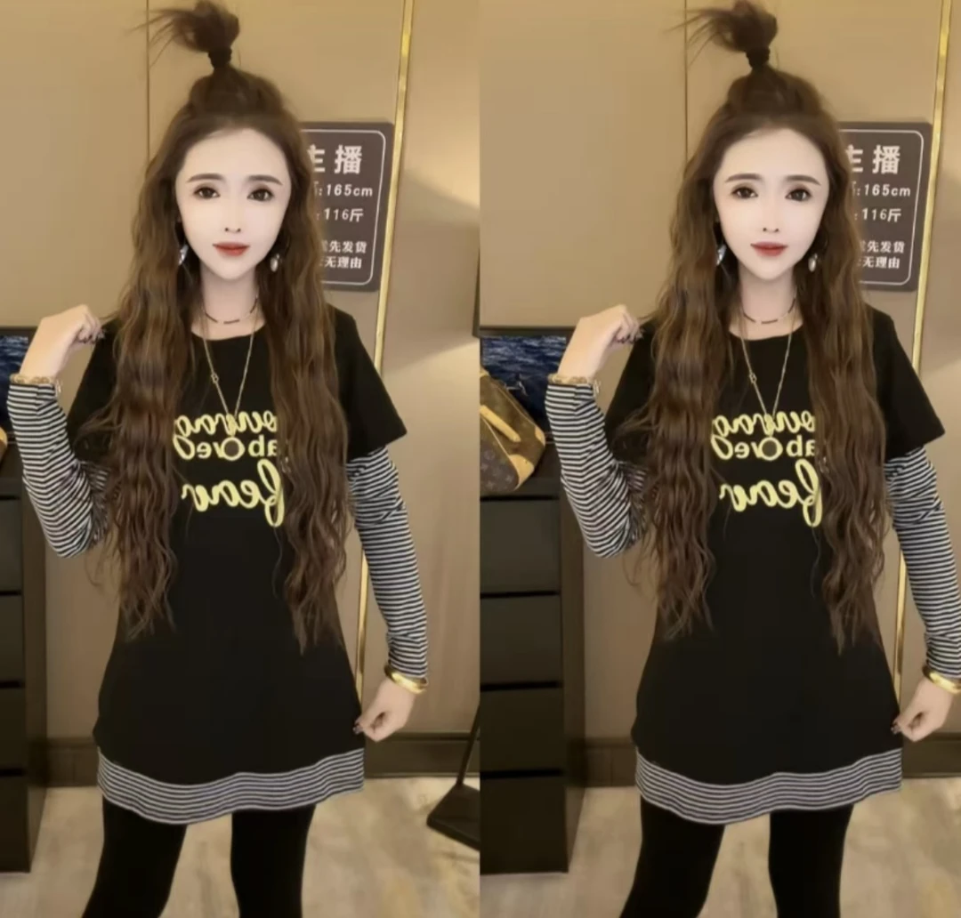 2025秋冬新款显瘦遮肉假两件大T打底衫