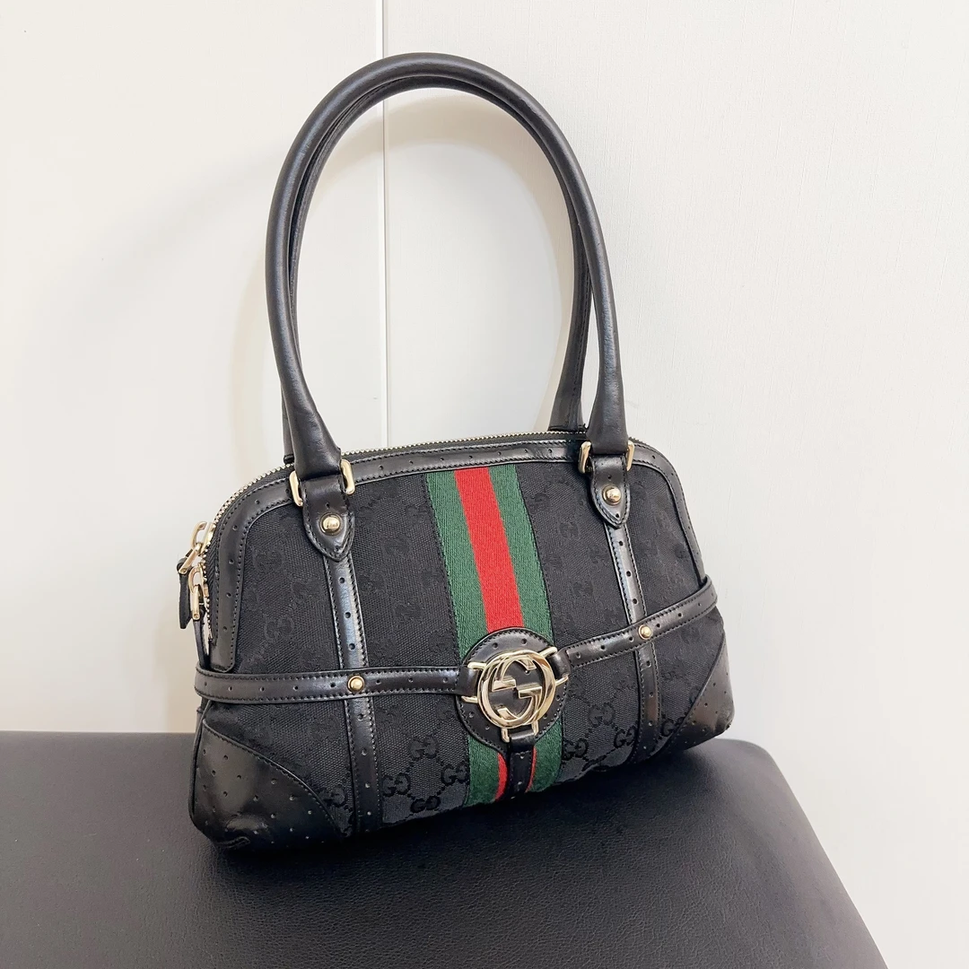95新 GUCCI/古驰 gucci黑色老花布面op系列手提托特包90311322